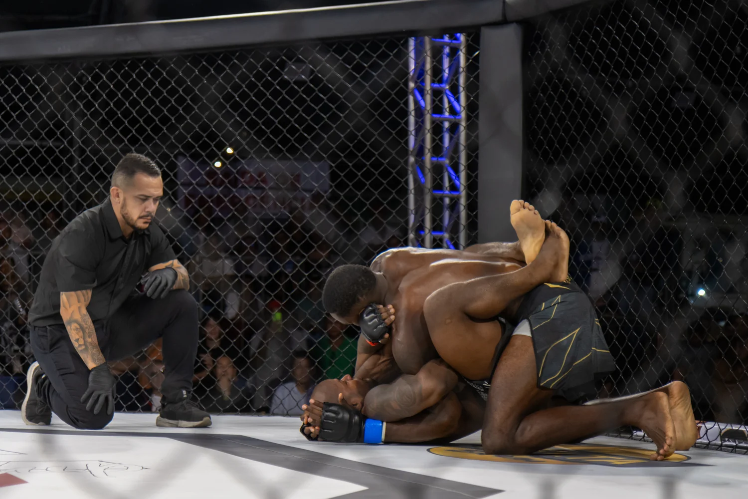 Atletas em combate em um evento de MMA produzido pela Celta